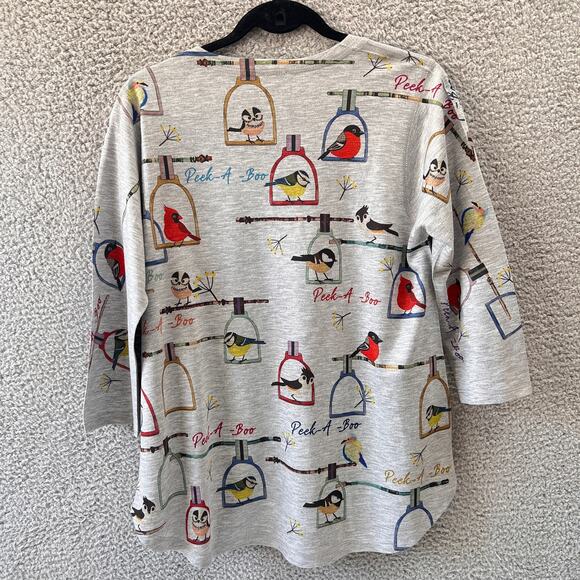 Blouse S small Gray multicolor Womens Top Bird Soft Knit 3/4 sleeve V neck USA - Picture 8 of 9